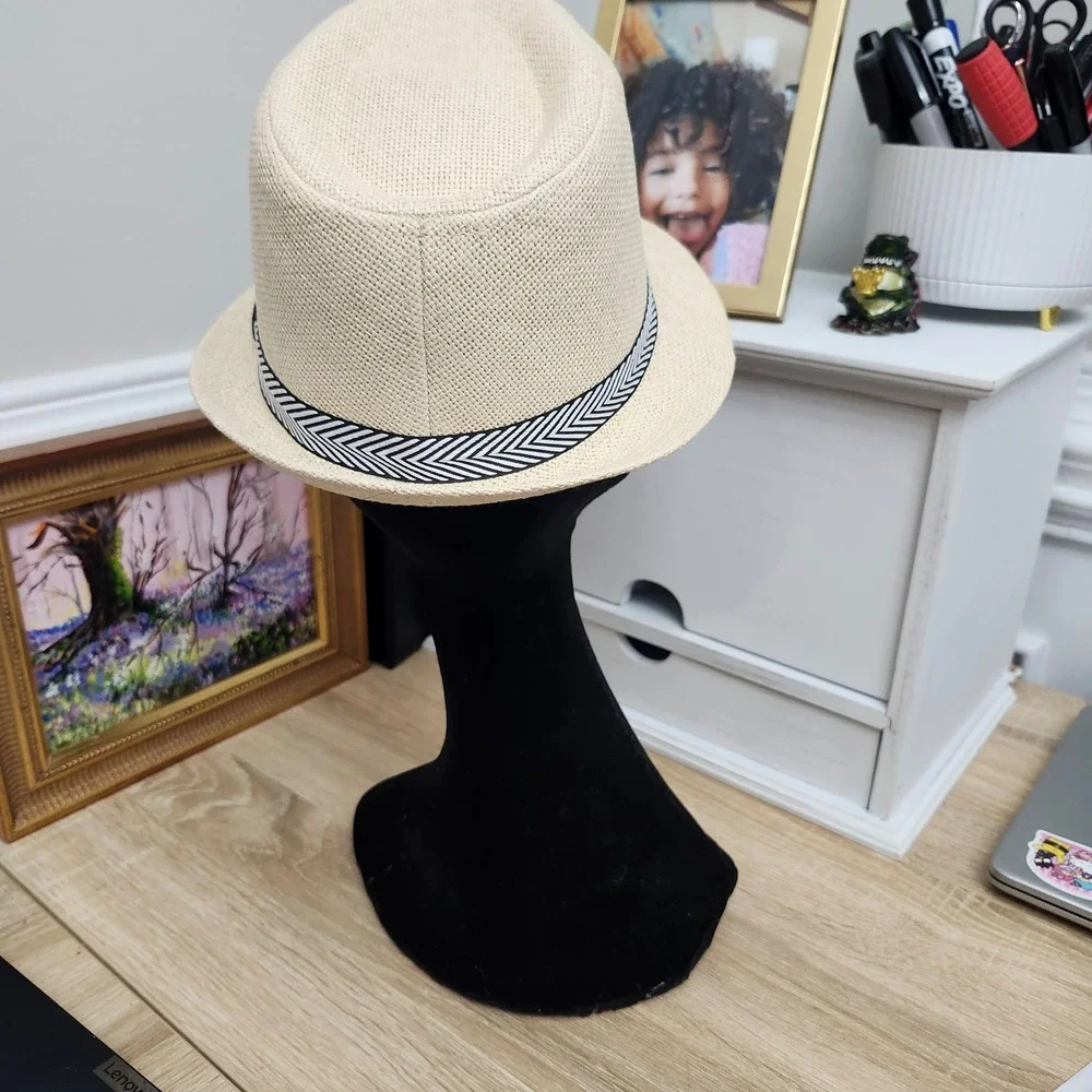 Mens Straw Fedora Hat‎ Beige Black Chevron Band One Size Summer Beach Sun